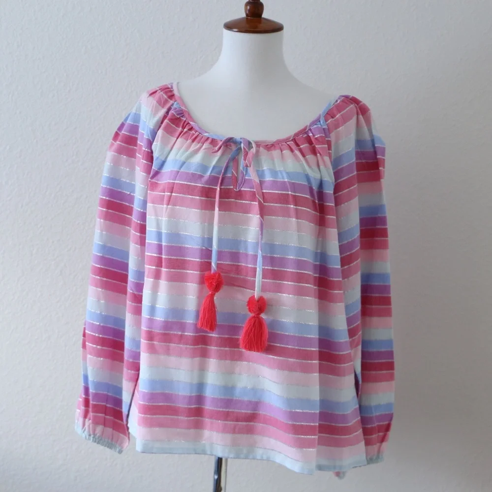 NWT J. Crew Metallic Pastel Pink Purple Striped Peasant Top Size Small